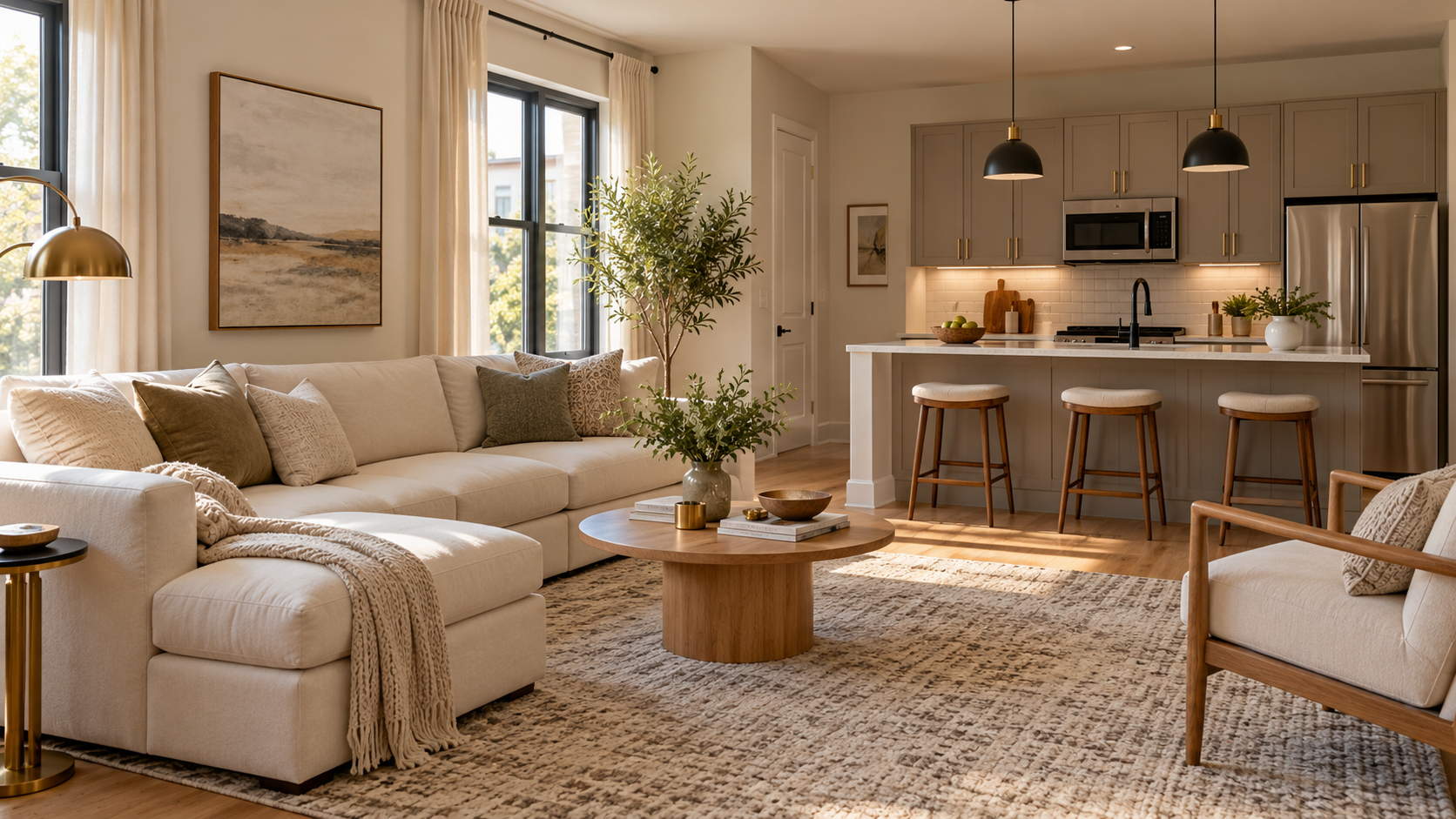 Illustrative bright rental living room and kitchen